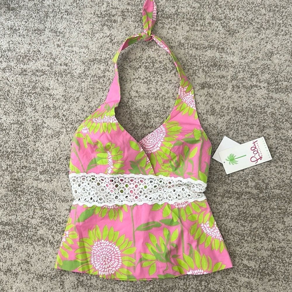 Lilly Pulitzer Pink & Green Floral Halter Tank with White Lace